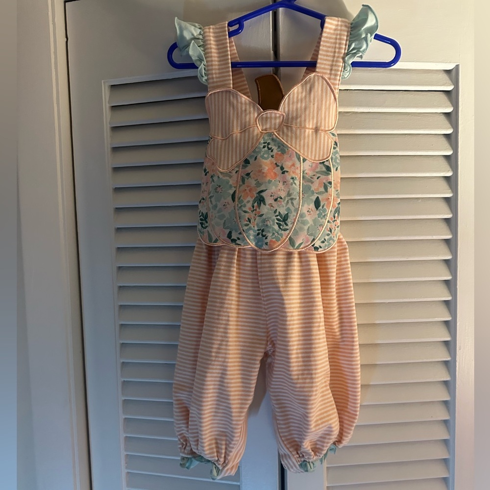 Busy Bee Smocks - Girls Pumpkin Romper Pink Stripe and Floral | 9M
